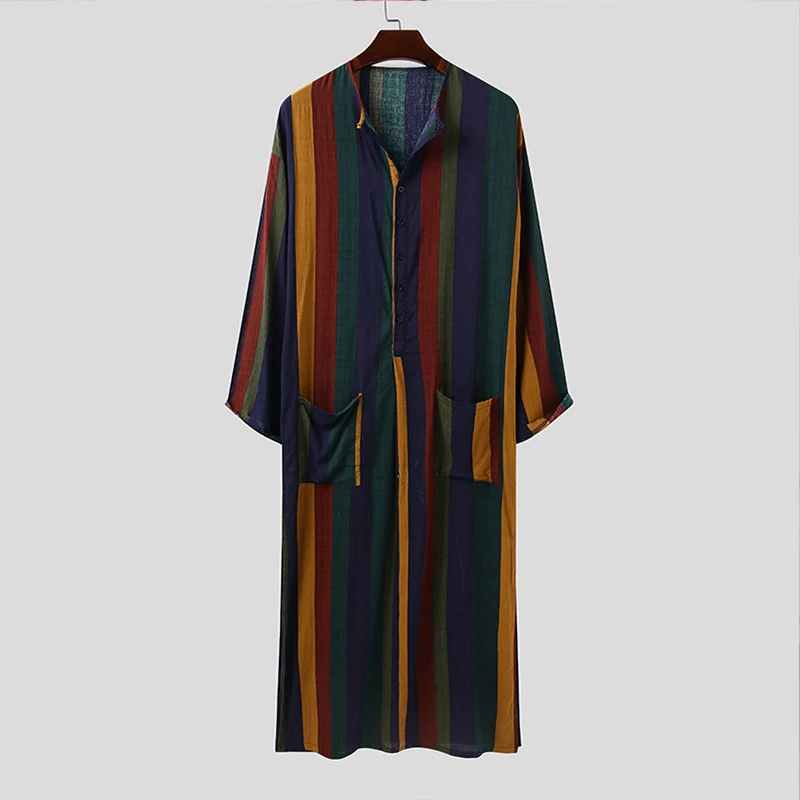Men's Long Sleeve Striped Print Jumpsuit Robe - Image 4