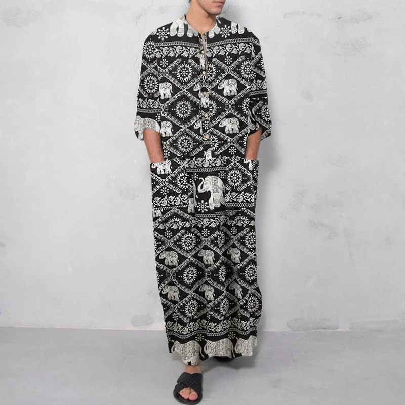 Men's Long Sleeve Striped Print Jumpsuit Robe - Image 5