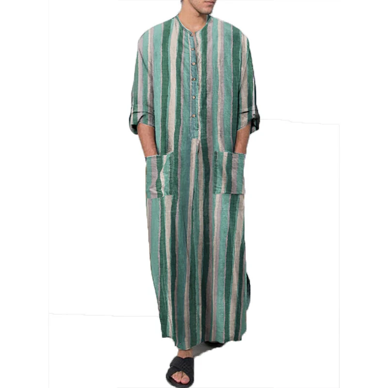 Men's Long Sleeve Striped Print Jumpsuit Robe - Image 6