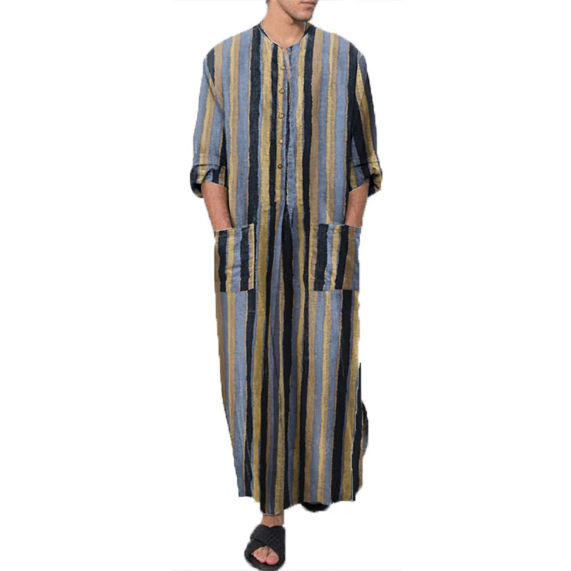 Men's Long Sleeve Striped Print Jumpsuit Robe - Image 7