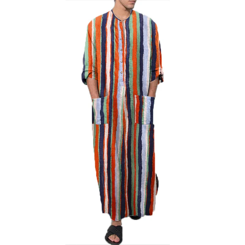 Men's Long Sleeve Striped Print Jumpsuit Robe - Image 8