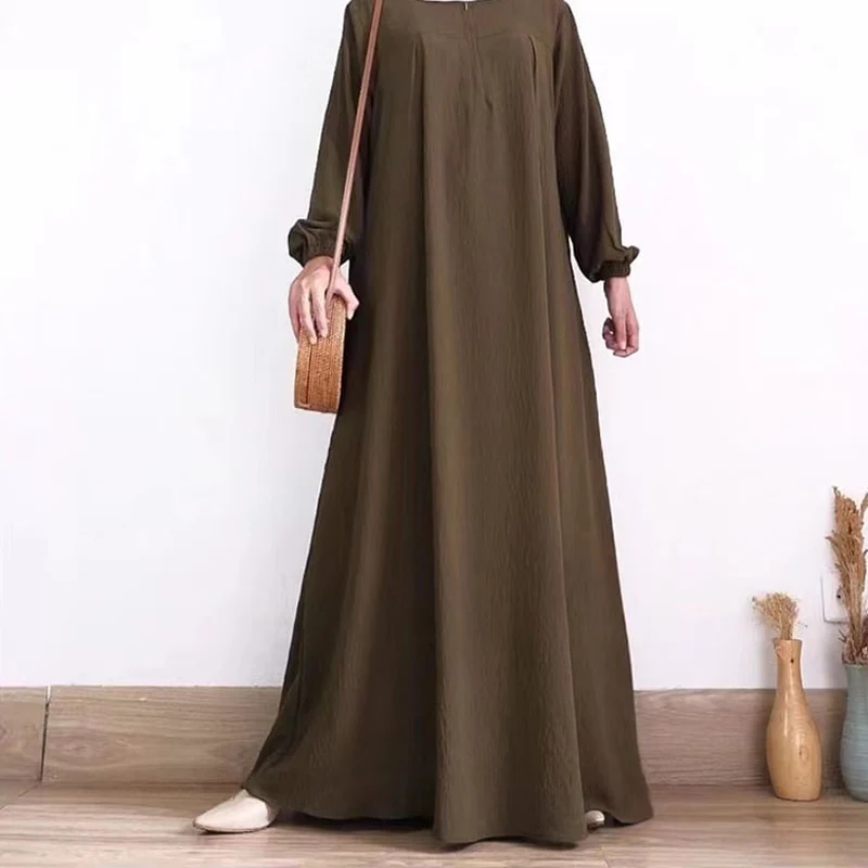 Solid Color Puff Sleeve Dress with Zip Front and Elastic Cuffs - Image 4