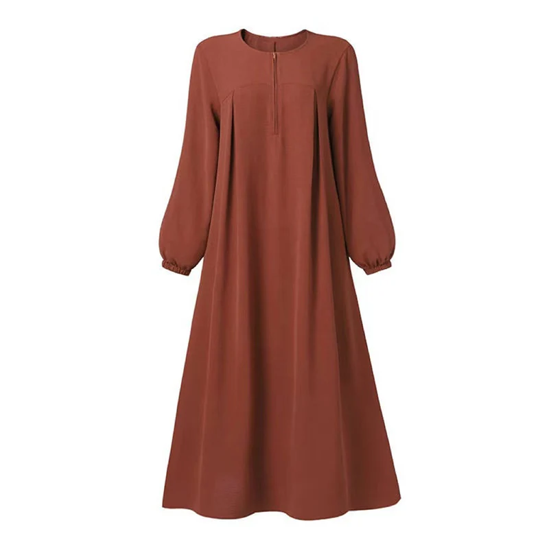 Solid Color Puff Sleeve Dress with Zip Front and Elastic Cuffs - Image 6